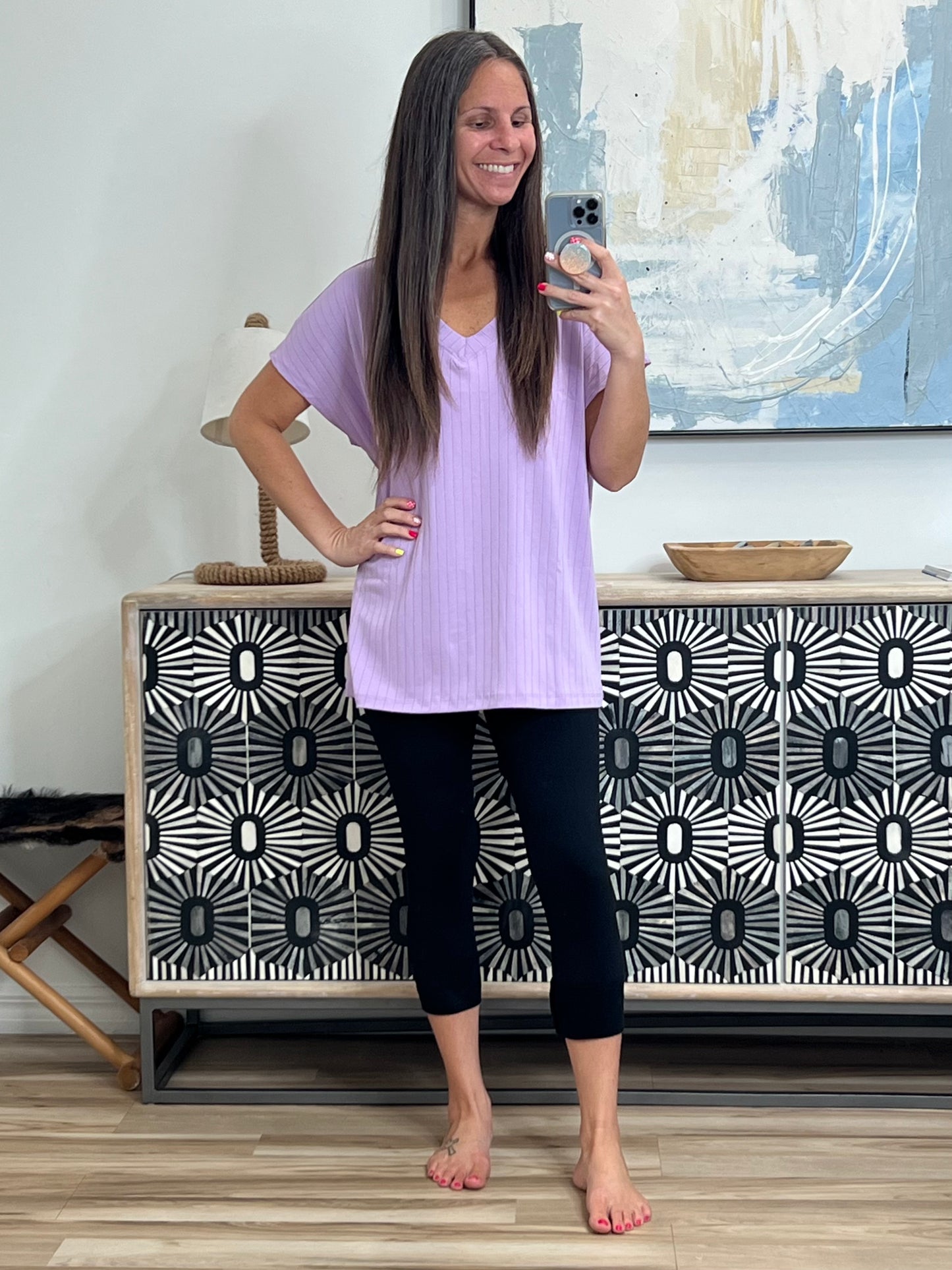 Top Shelf Basic V-Neck Ribbed Tee in Lavender