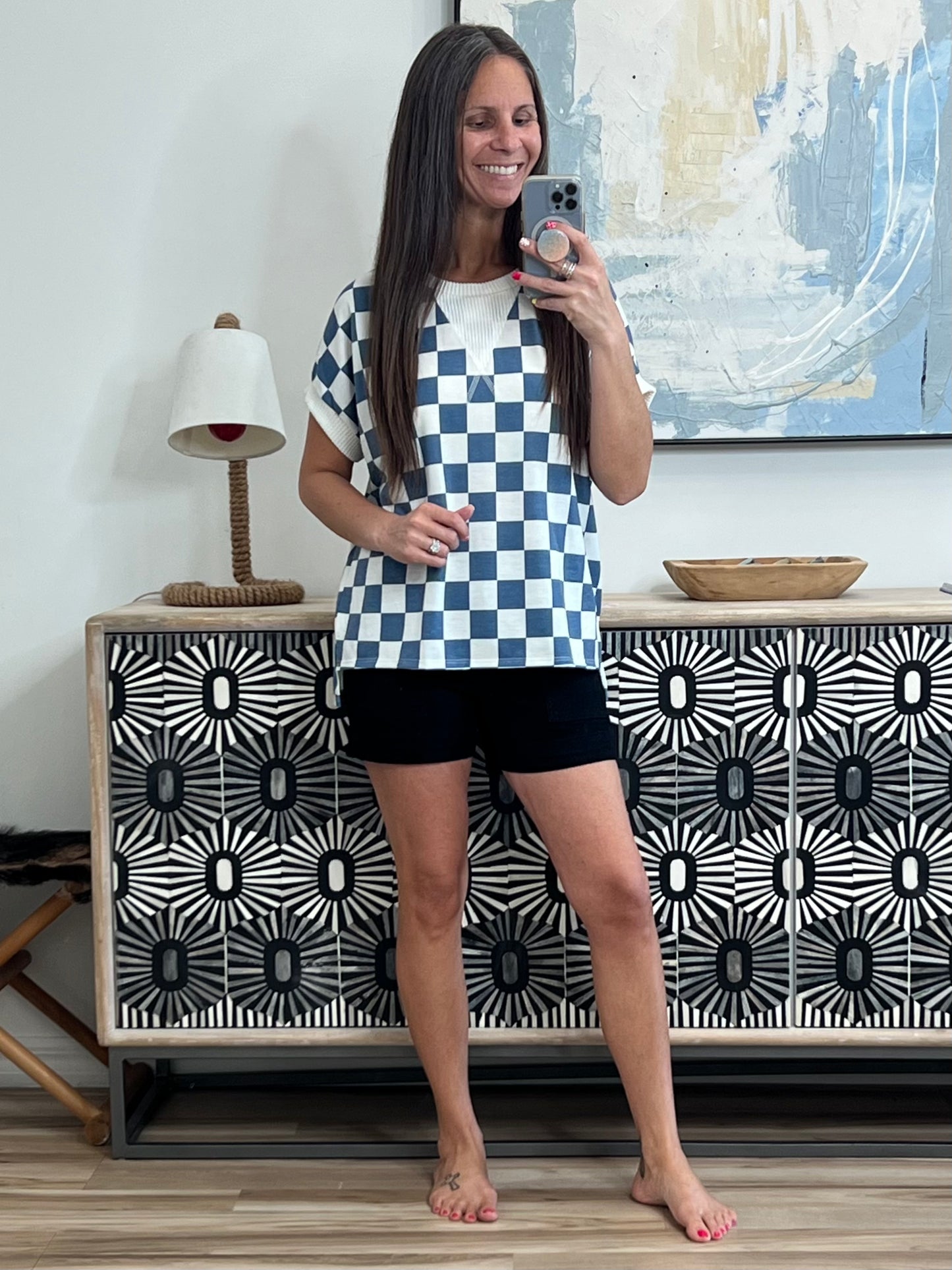 I've Been Everywhere Crew Neck Checkered Top in Blue