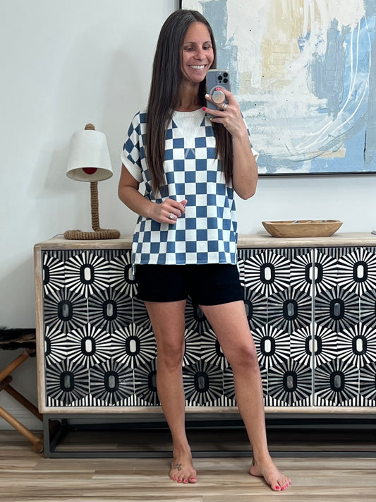I've Been Everywhere Crew Neck Checkered Top in Blue