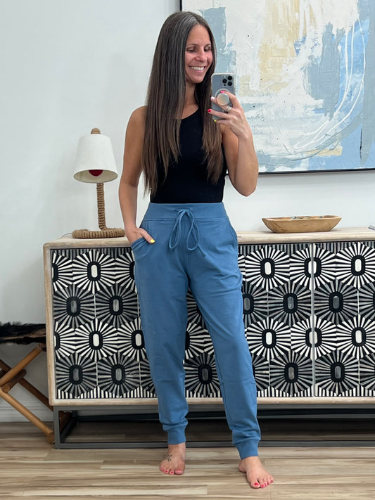 Sweat It High Waisted Joggers in Dusty Blue