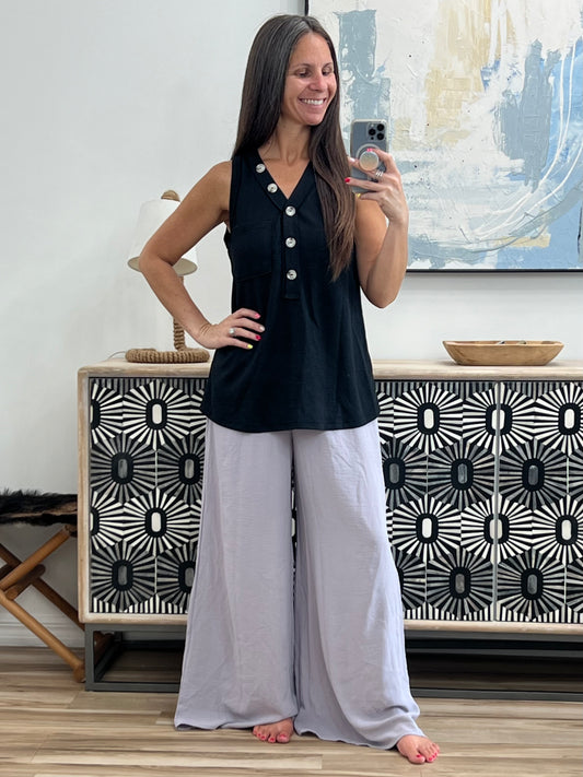 Buttoned Up Buttercup Sleeveless Top in Black