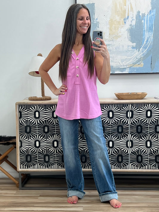 Buttoned Up Buttercup Sleeveless Top in Magenta Glow