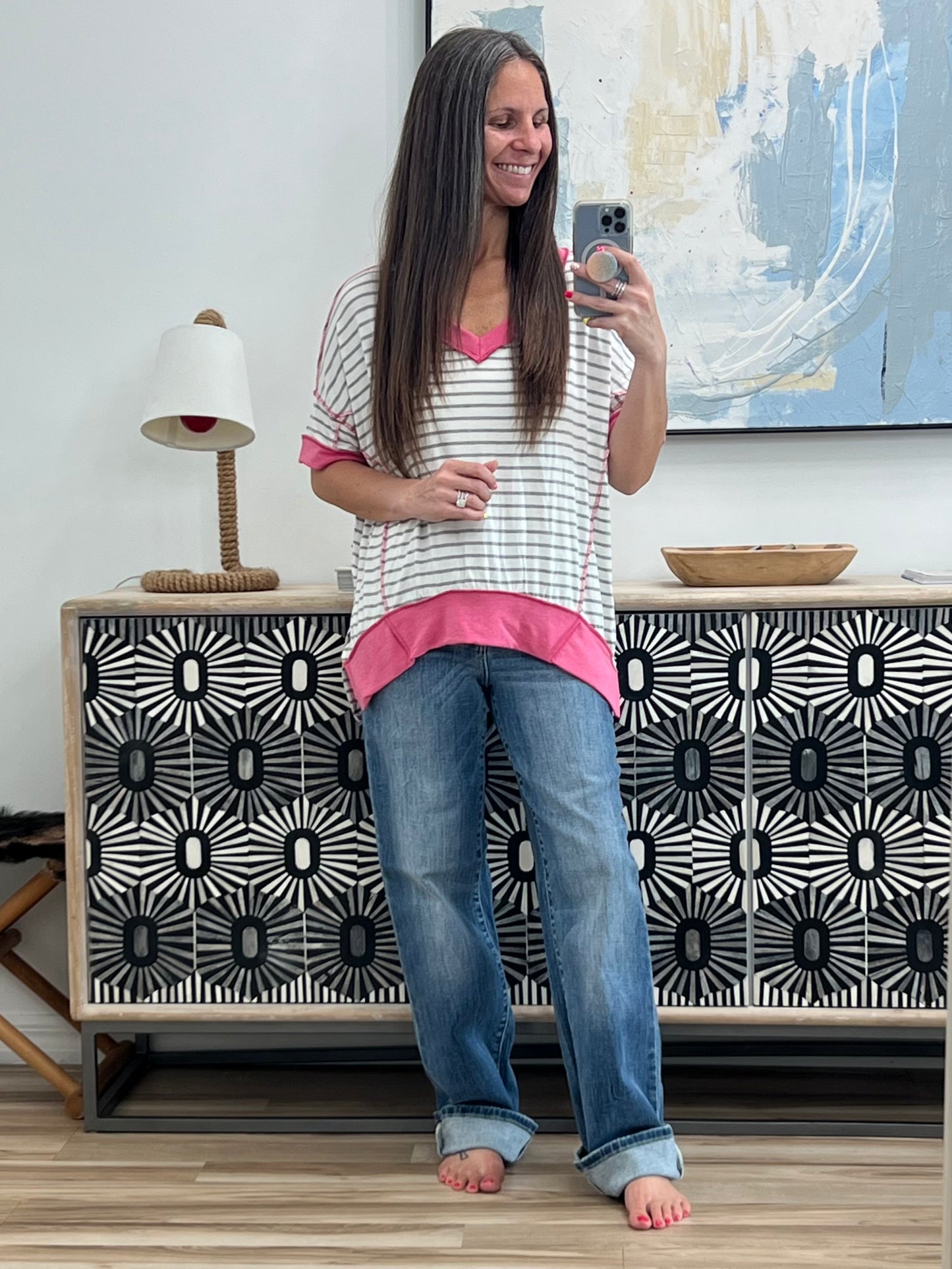 Dressed to Chill V-Neck Top in Heather/Grey/Ivory/Pink