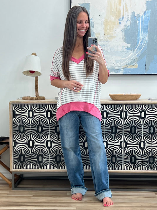 Dressed to Chill V-Neck Top in Heather/Grey/Ivory/Pink