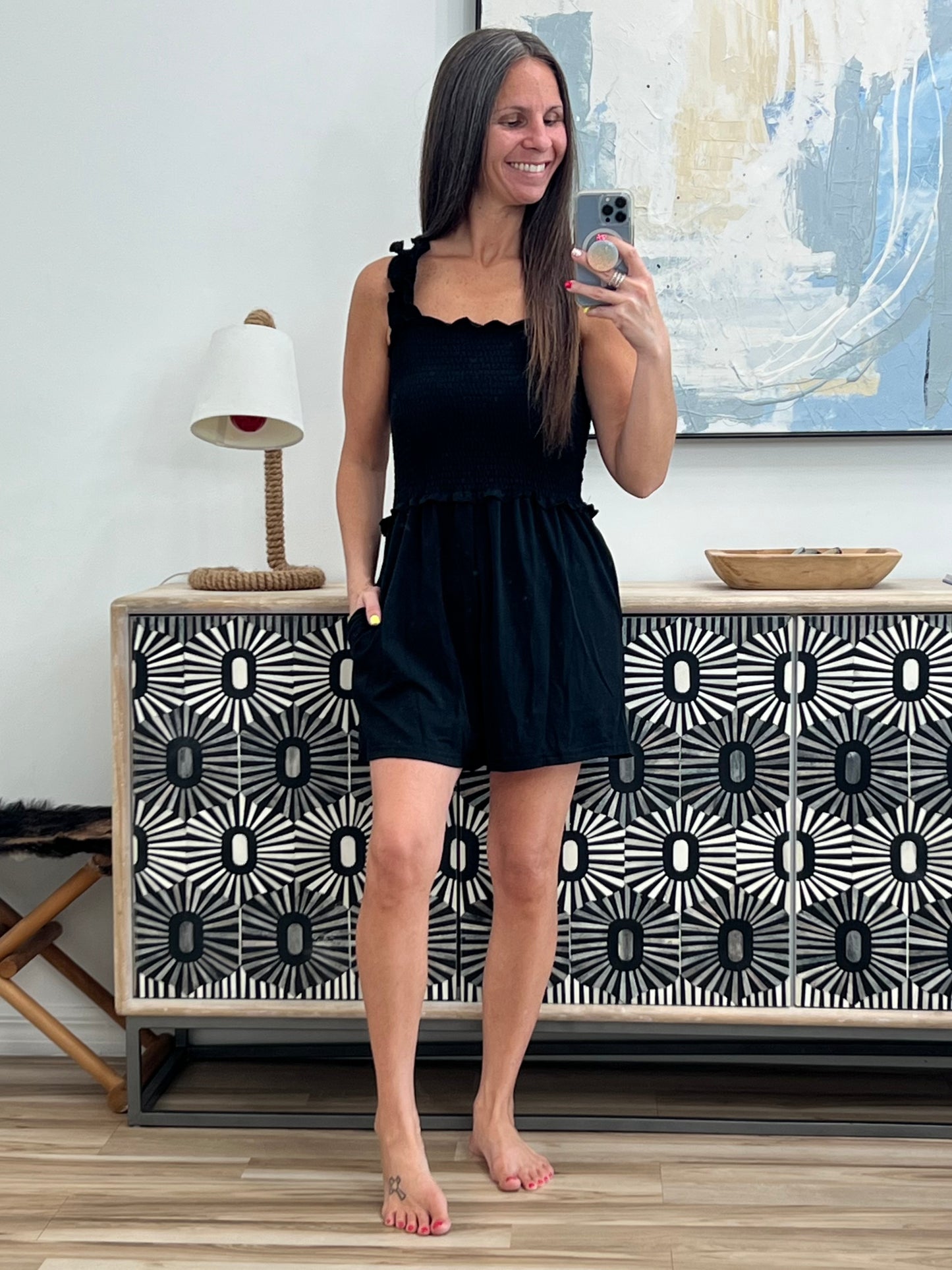 Square Neck Smocked Romper with Pocket