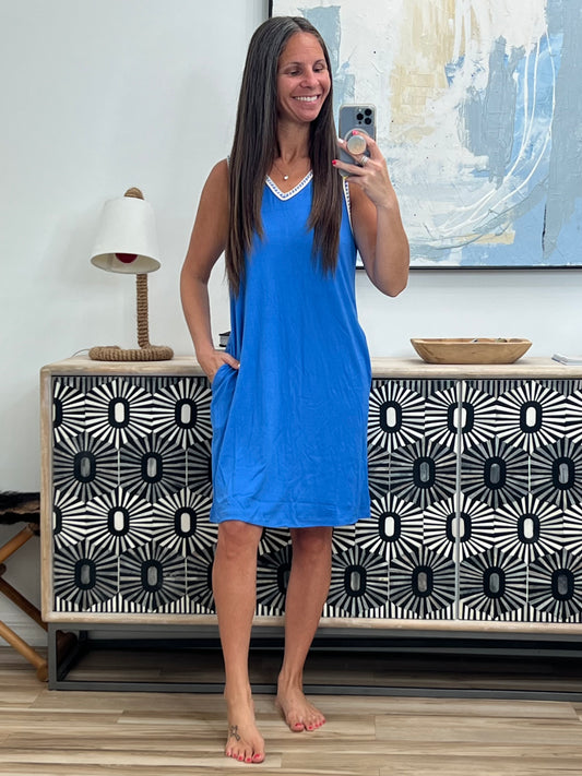 Airloom Trim Detail Mini Tank Dress in Ocean Blue