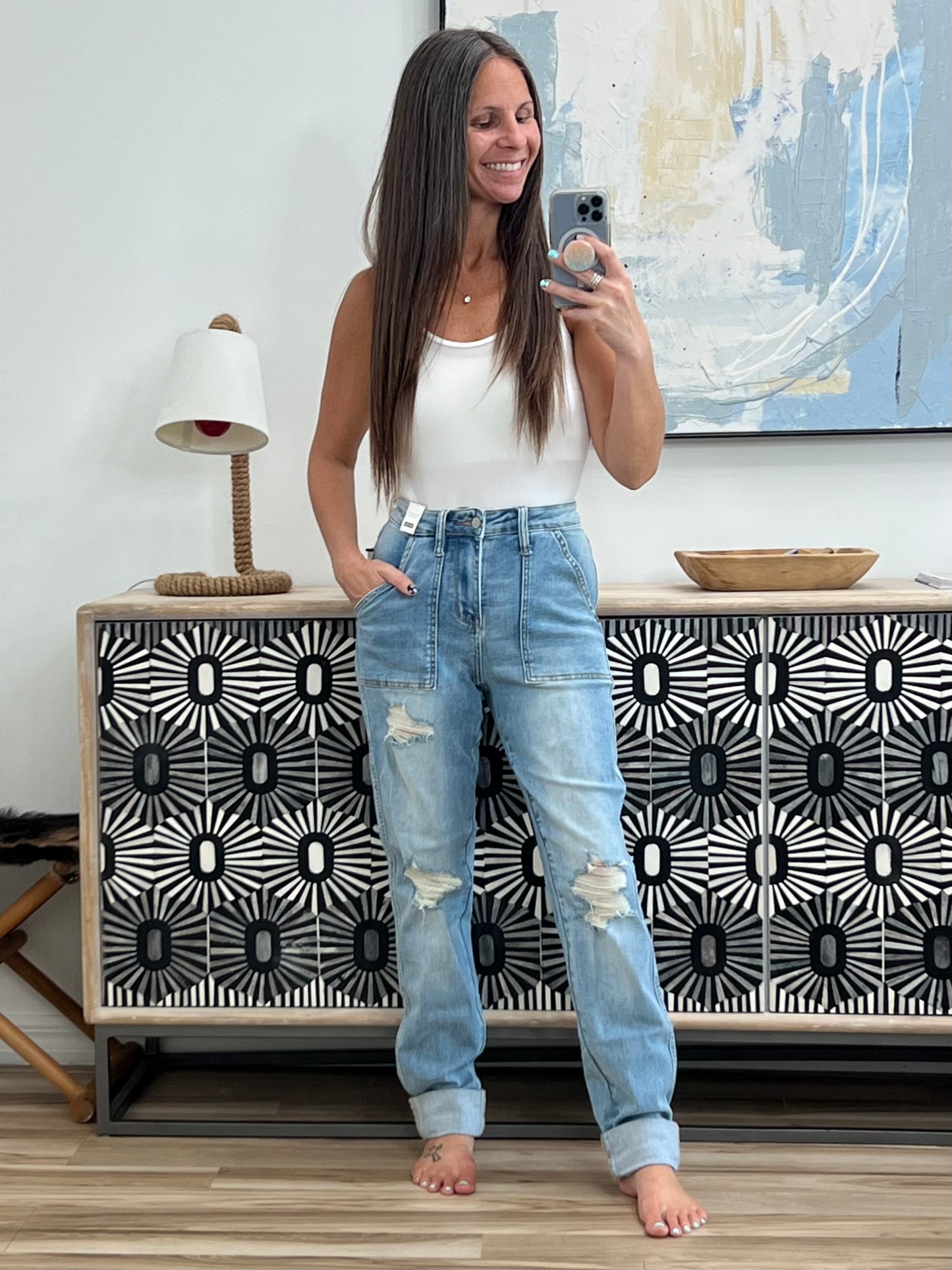 Aiden High Rise Patch Pocket Distressed Boyfriend Jeans