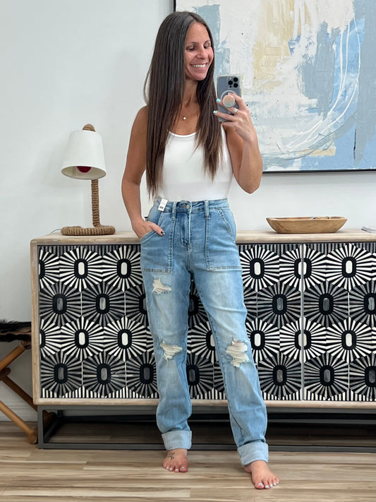 Aiden High Rise Patch Pocket Distressed Boyfriend Jeans