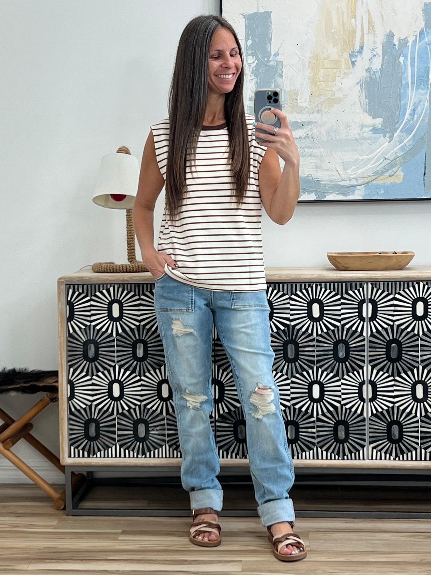 Aiden High Rise Patch Pocket Distressed Boyfriend Jeans