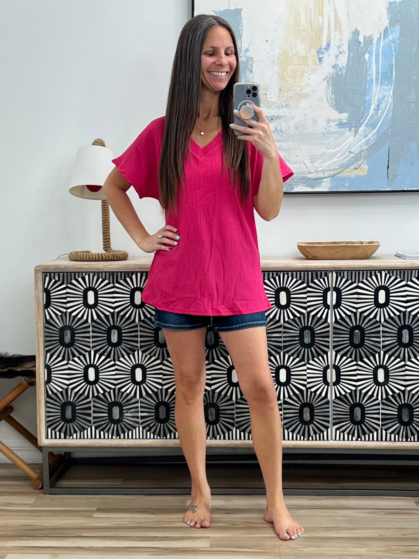 Trial and Error Textured V-Neck Blouse in Magenta