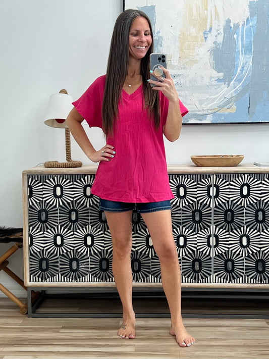Trial and Error Textured V-Neck Blouse in Magenta