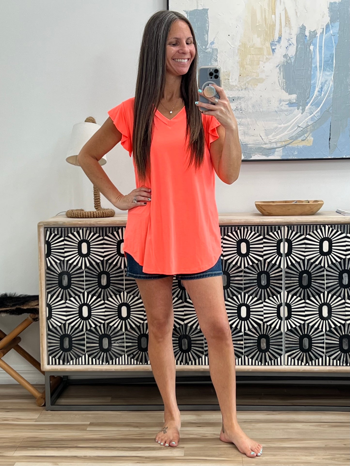 Flirtini Flutter Sleeve Top in Neon Coral
