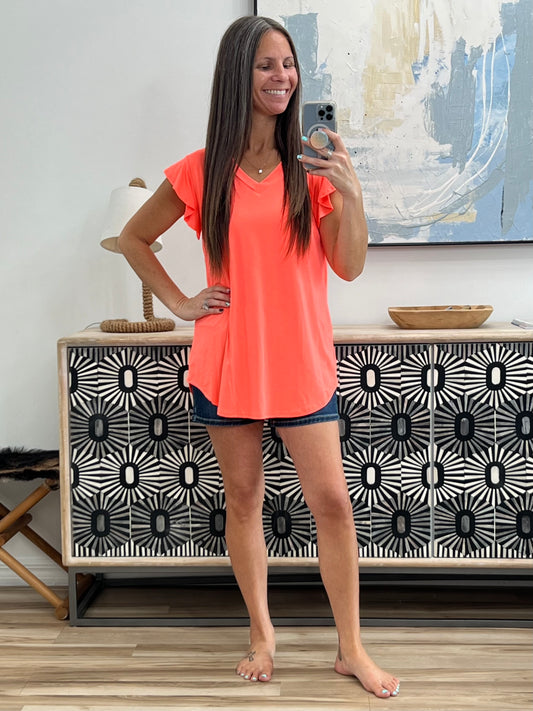 Flirtini Flutter Sleeve Top in Neon Coral
