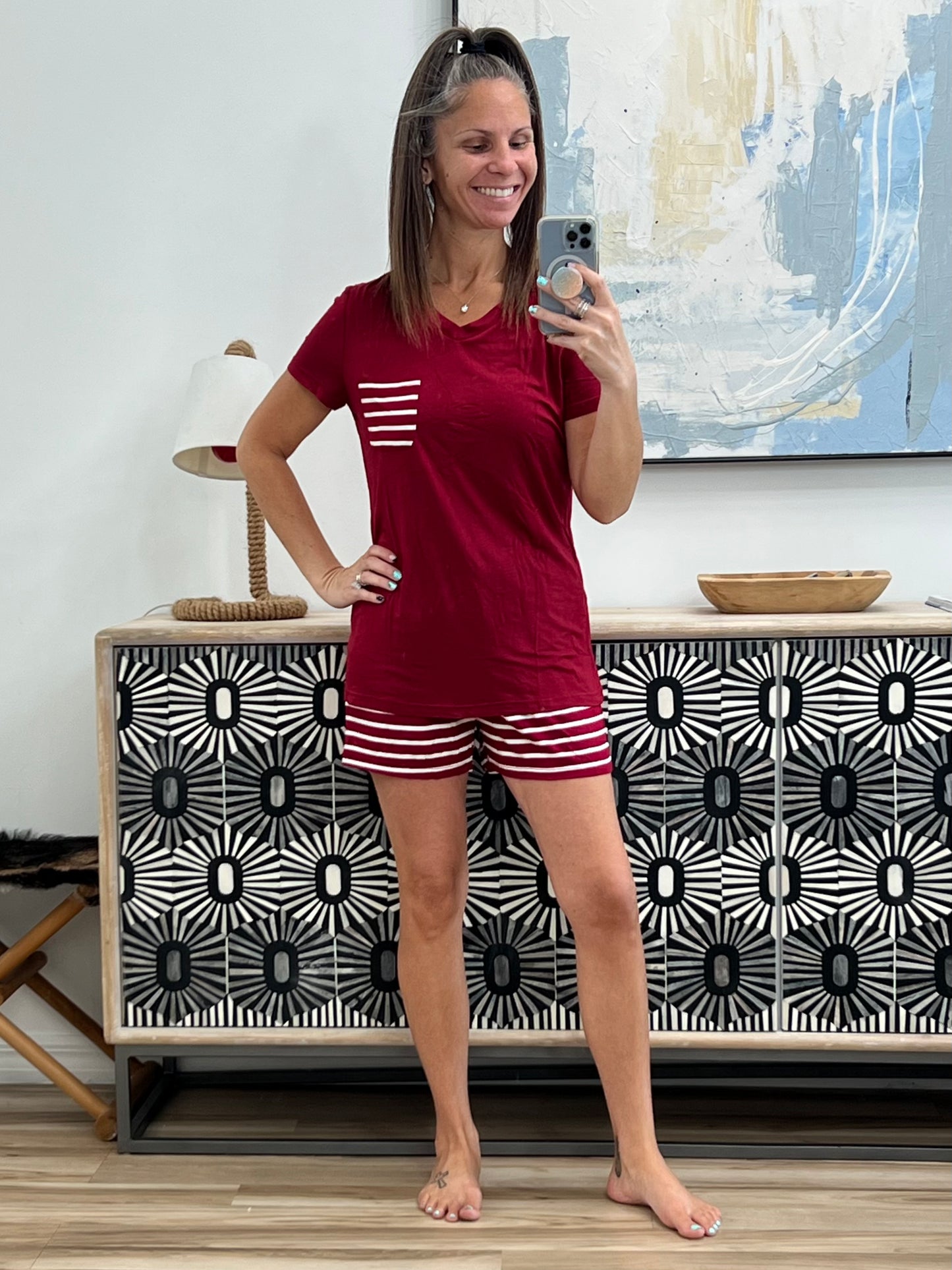 Striped Short Sleeve Top and Shorts Lounge Set