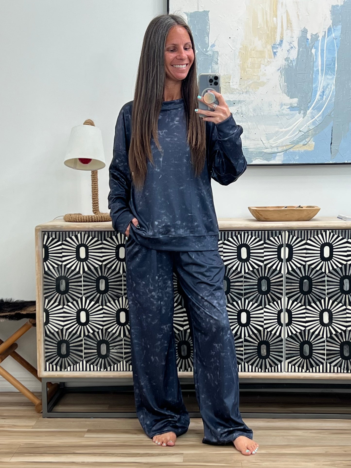 Washed Round Neck Top and Drawstring Pants Set