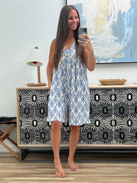 Miss Mischief V-Neck Romper in Blue