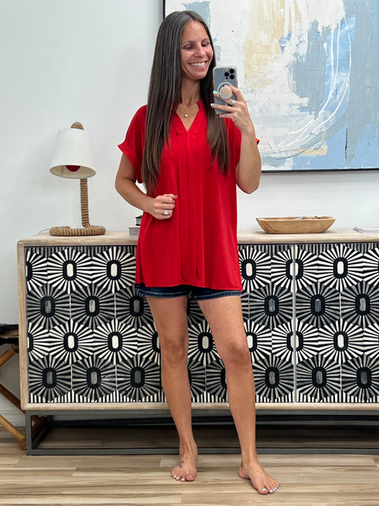Lizzy Bloom Split Neck Blouse in Red