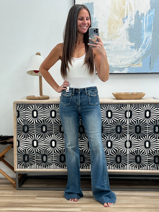 Jackie Mid Rise Flare Jean with Front Flap Pockets