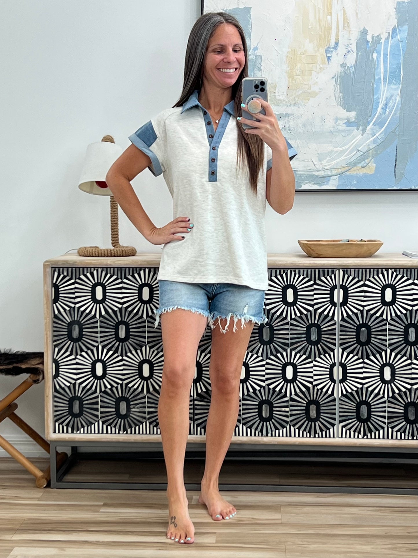Knowing Me Collared Henley Top
