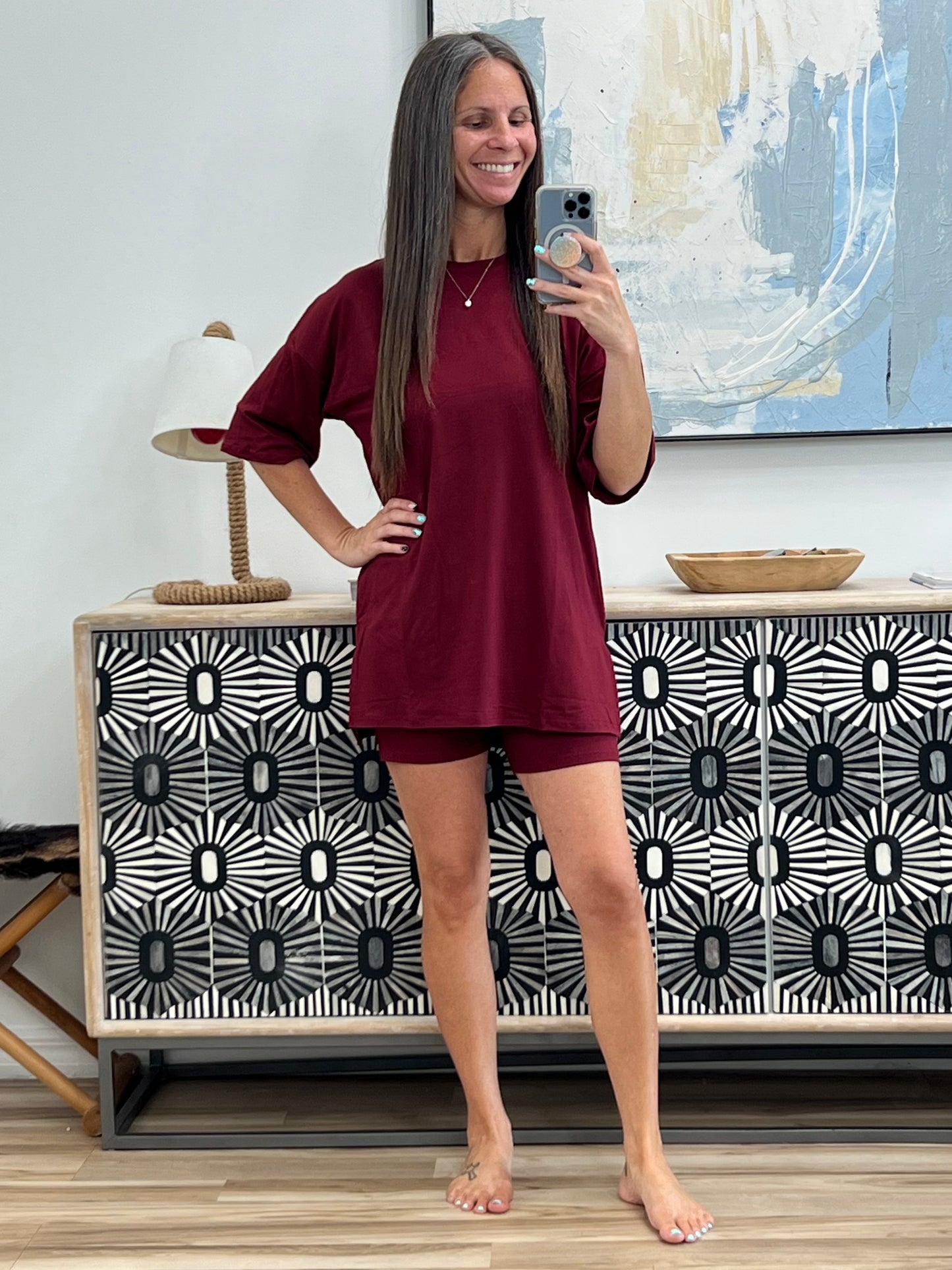 Relaxed Fit Round Neck Top and Shorts Two-Piece Set