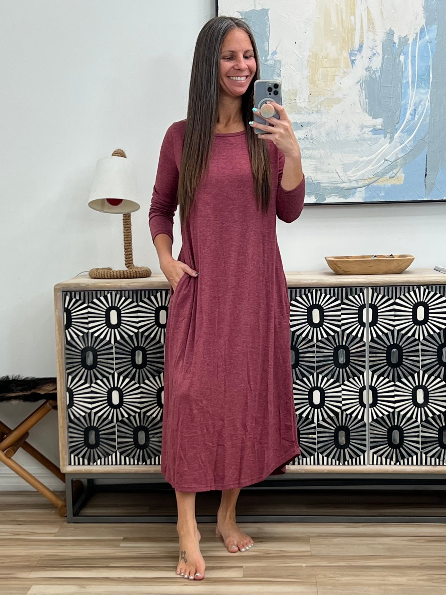 Pocketed Round Neck Long Sleeve Tee Dress