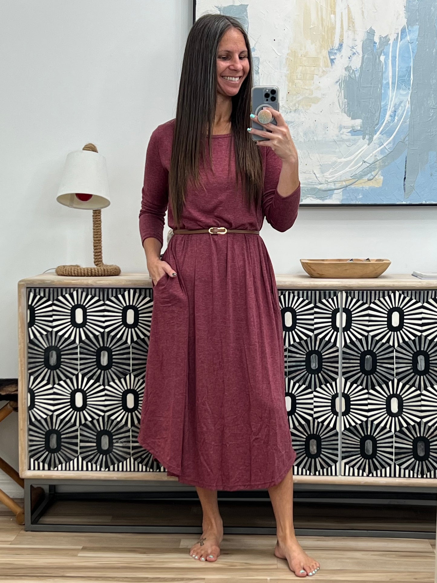 Pocketed Round Neck Long Sleeve Tee Dress