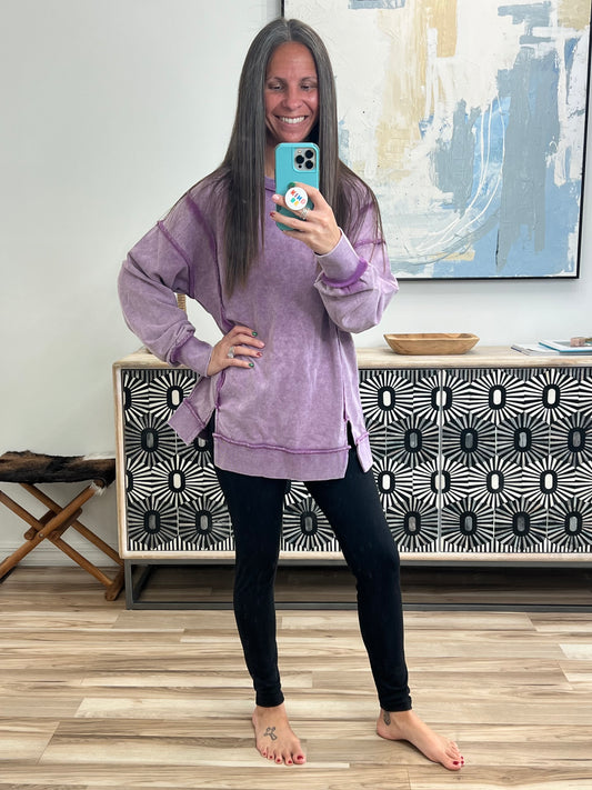 Wash Slit Round Neck Oversized Sweatshirt