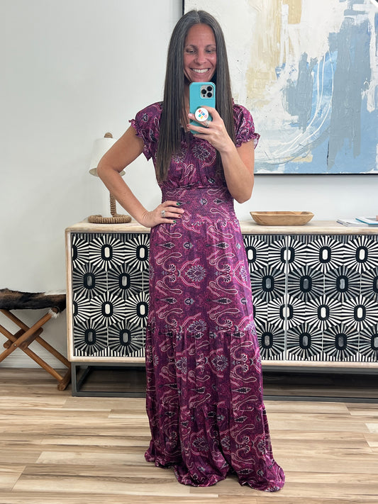Smocked Printed V-Neck Short Sleeve Dress