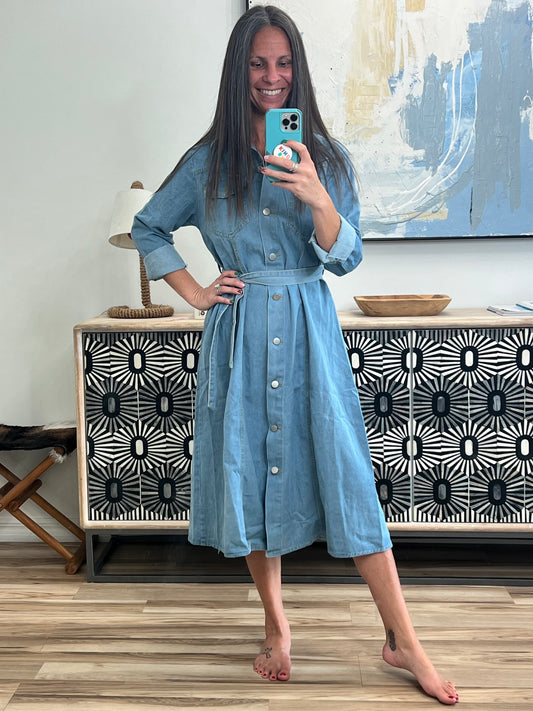 Tie Waist Button Front Denim Shirt Dress