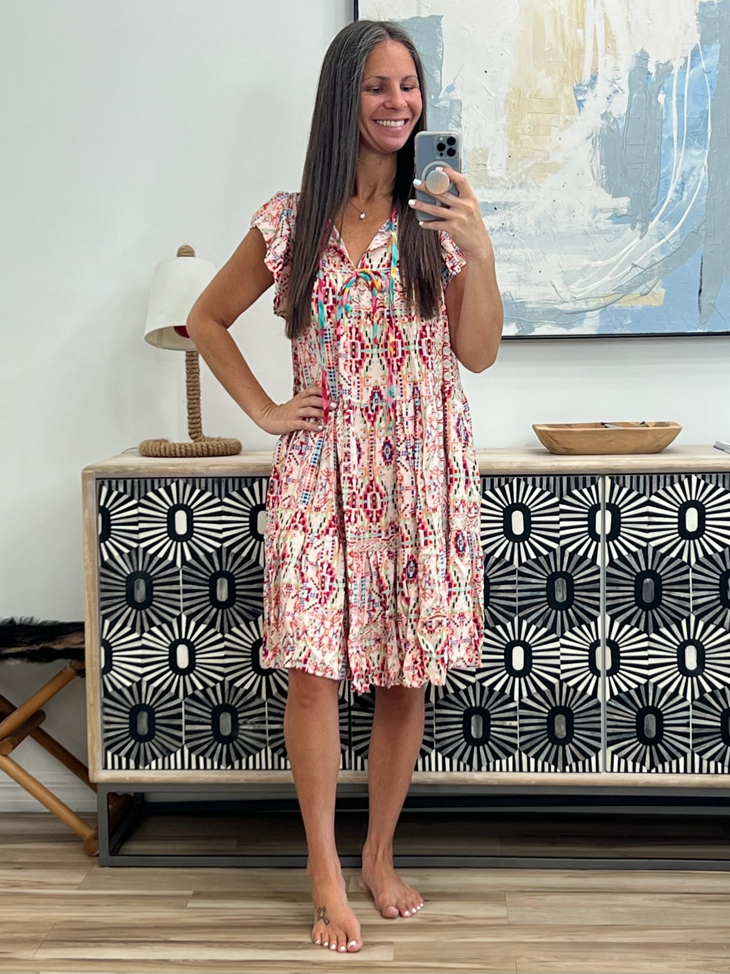 Boho and Behold Flutter Sleeve Dress in Blush/Fuchsia/Mint