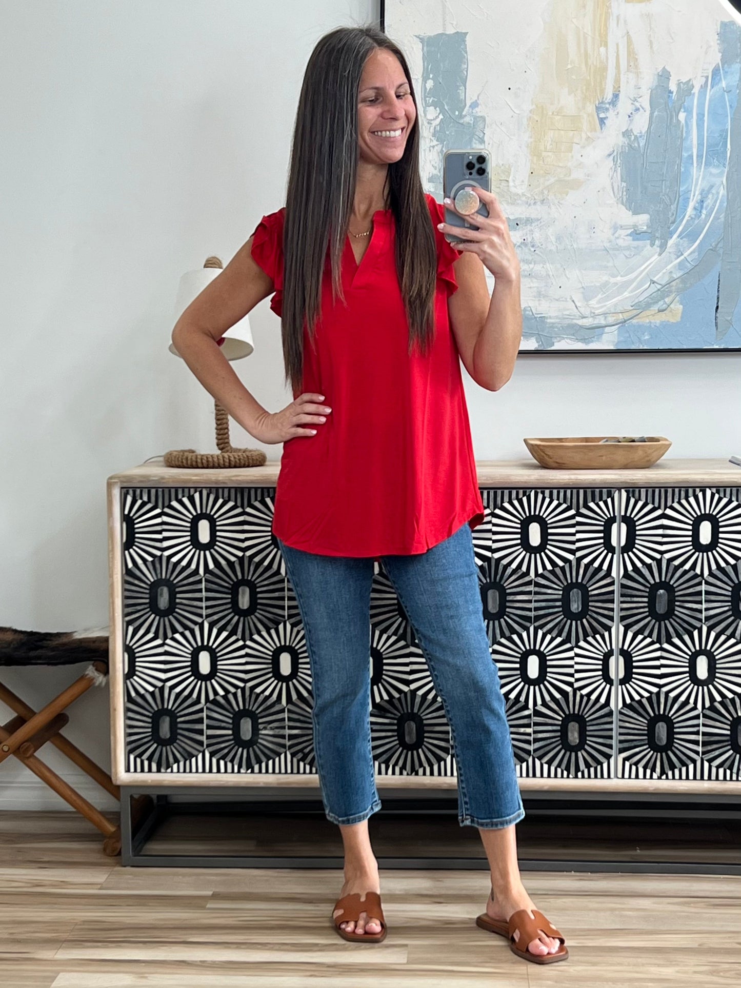 Lizzy Flutter Sleeve V-Neck Blouse in Red