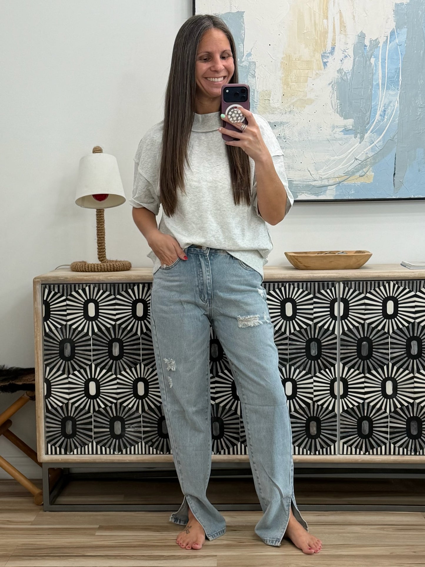 Distressed Slit Straight Leg Jeans