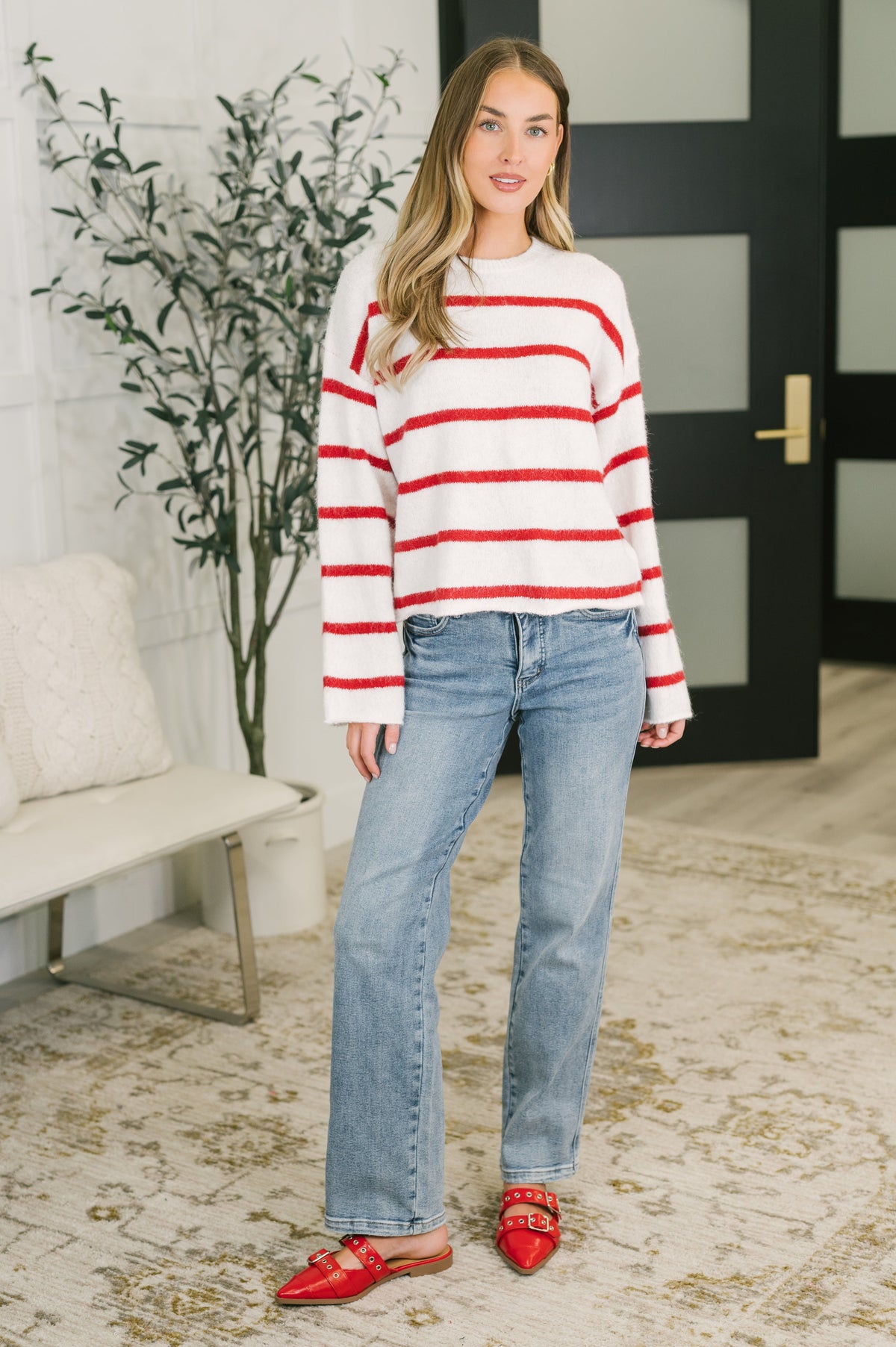 Softly Secure Drop Shoulder Sweater in Red and White